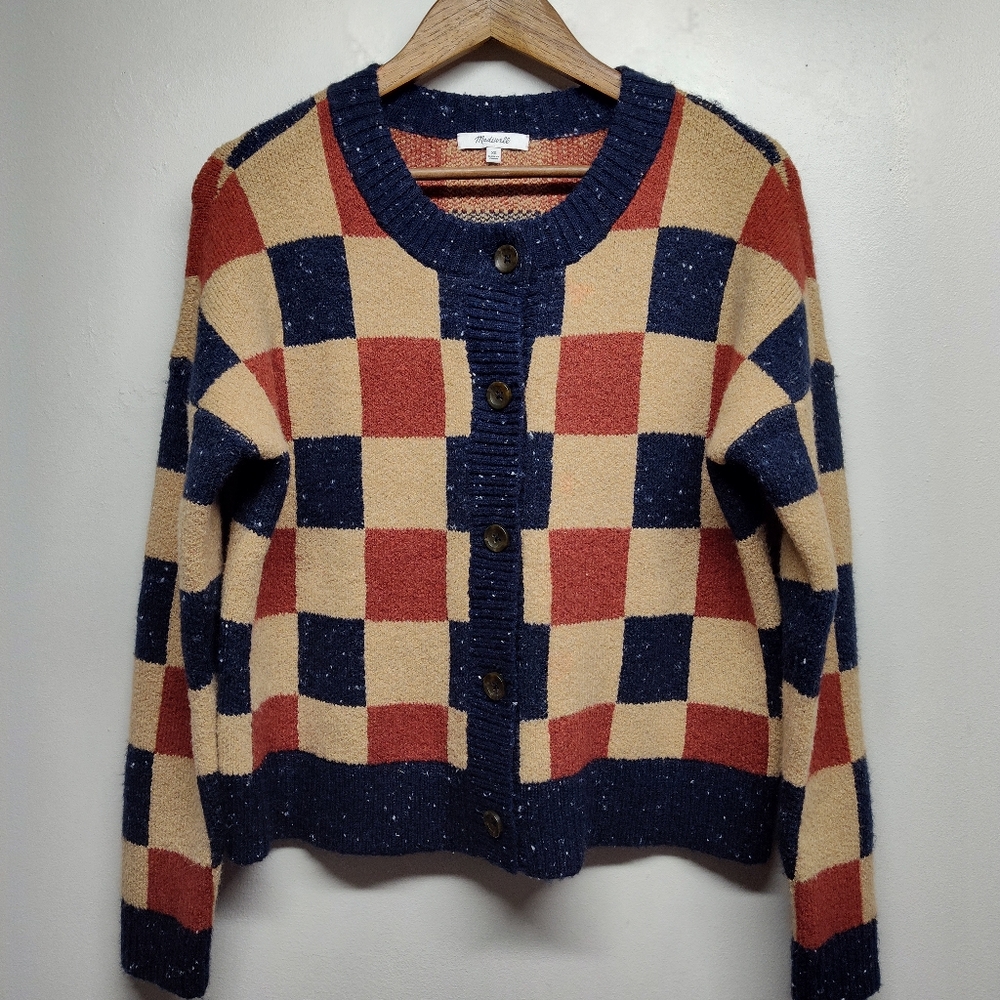 Madewell Checkered Cardigan in Red, Navy, and Tan